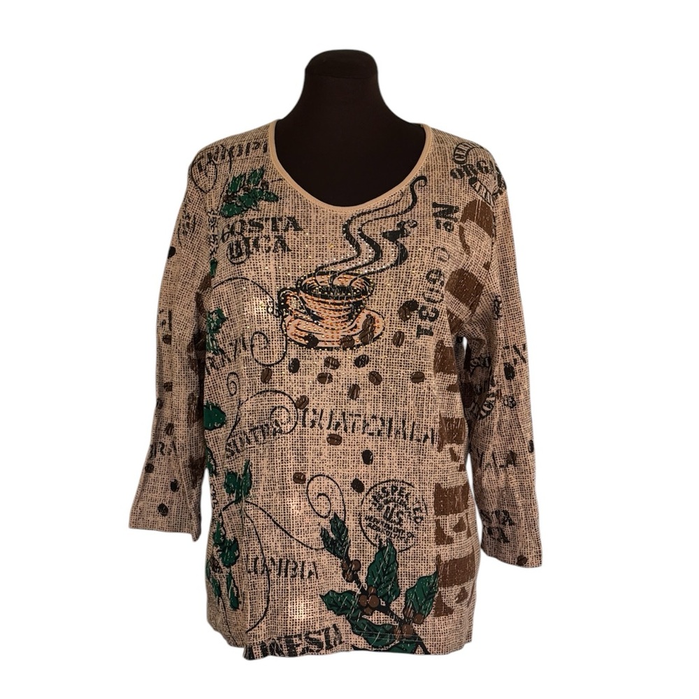 Cactus Bay Apparel Coffee Embellished Top Shirt 3/4 sleeves